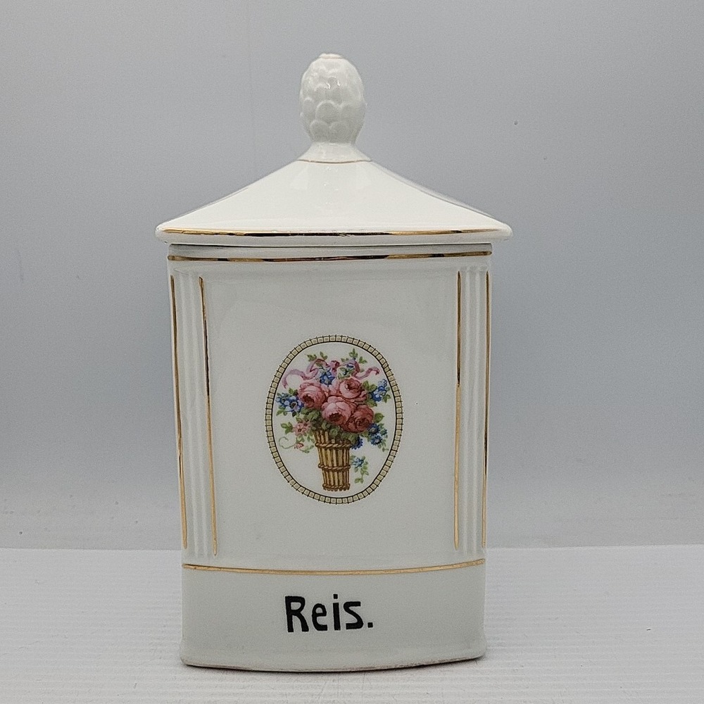 Ceramic Reis Rice Canister Made In Czechoslovakia Numbered Vintage Floral White